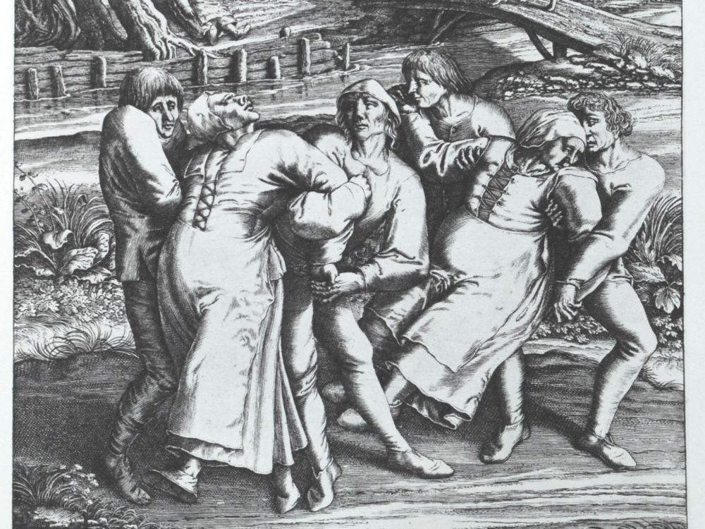 Kupferstich mit dem Titel Die Wallfahrt der Fallsüchtigen nach Meulebeeck von Hendrik Hondius (1573 – 1649) auf eine Zeichnung (1564) von Pieter Bruegels des Älteren zurückgehend