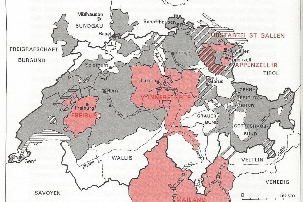 Karte von Rudolf Bolzern: Die eidgenössischen Orte nach 1587.