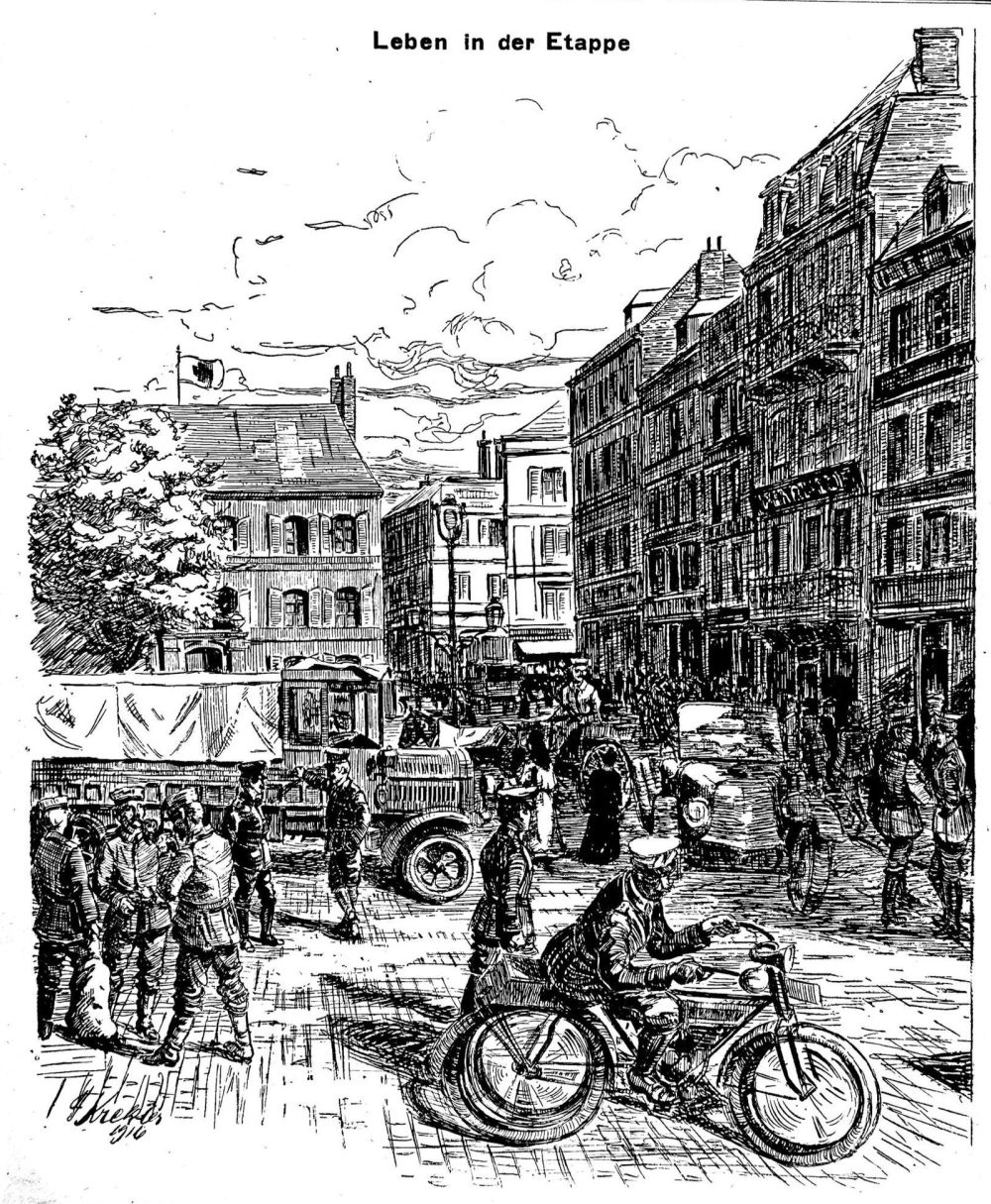 Eine Strichzeichnung zeigt eine Szene aus einer Stadt. Im Vordergrund ein Soldat auf einem Motorrad, im Hintergrund Soldaten, die sich unterhalten, und Häuser der Stadt