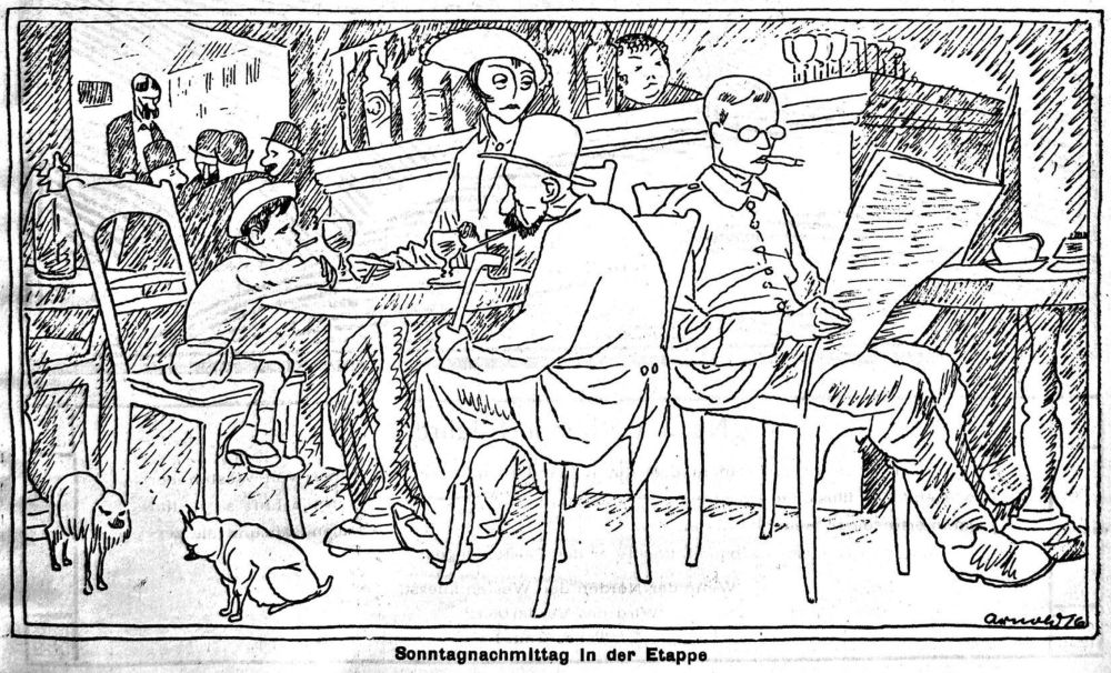 Zeichnung einer Szene in einem Kaffee. Eine Familie sitzt am Tisch, rechts daneben ein Soldat, der eine Zeitung liest. Im Hintergrund der Tresen.